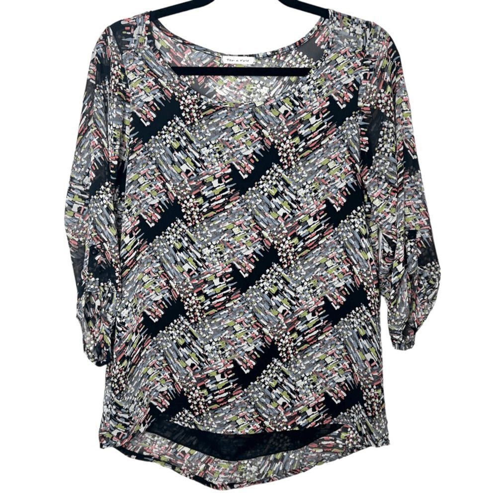 Tea n Rose Sheer Flowy 3/4 Sleeves Blouse Black w/Abstract Print Sz S